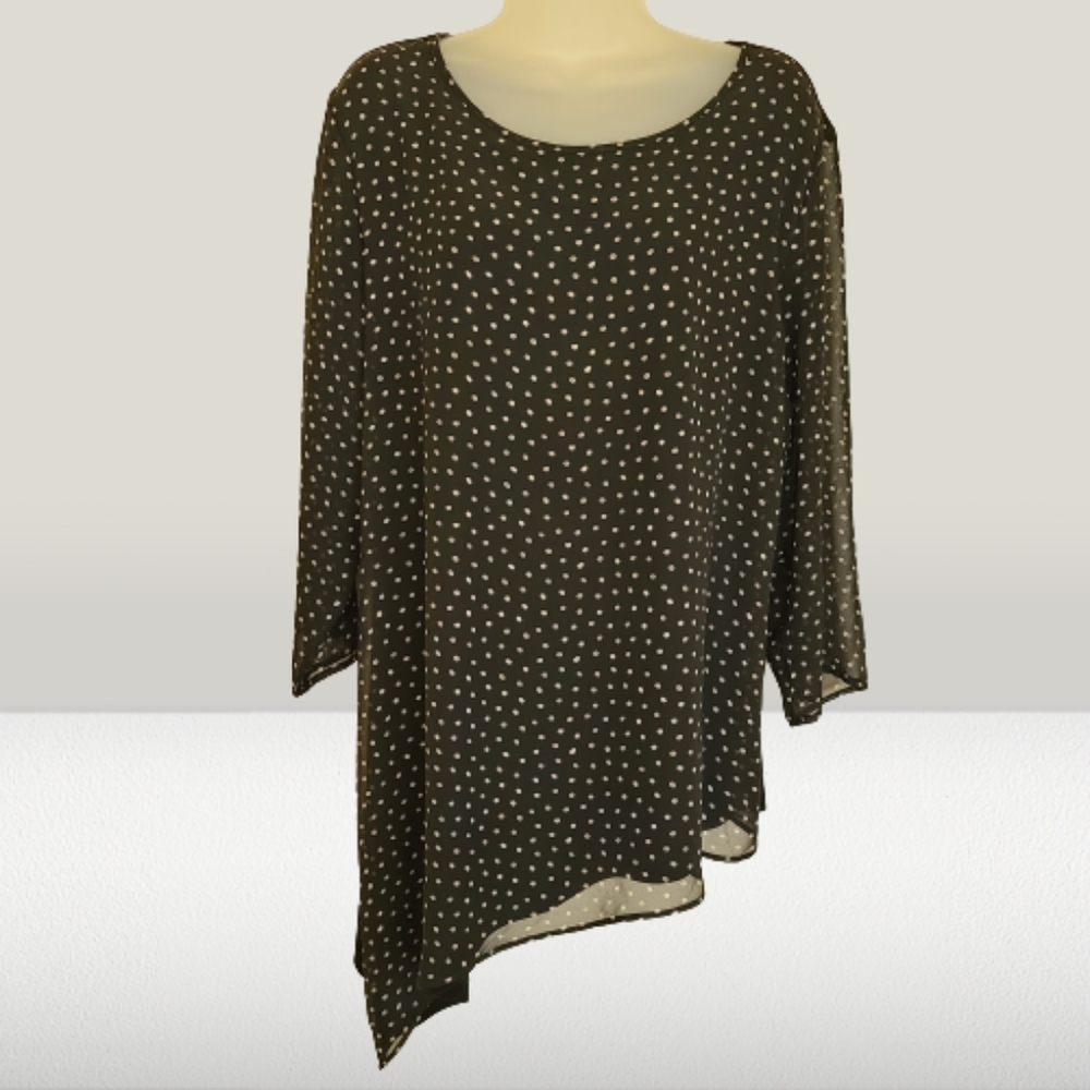 Chico's Travelers Slinky Asymmetrical Hem Tunic Blouse Black Polka Dot 2/Med